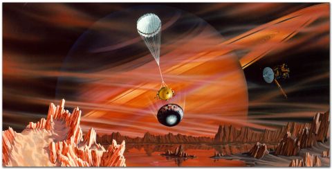 La sonda Huygens aterrizando sobre Titán